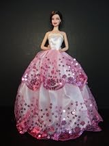 White Ball Gown with Pink Sequined Lace Details Made to Fit the Barbie Doll
