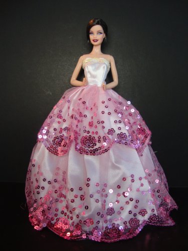 White Ball Gown with Pink Sequined Lace Details Made to Fit the Barbie Doll
