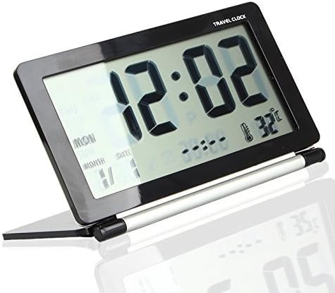 Multifunction Folding Silent LCD Digital Large Screen Travel Desk Electronic Alarm Clock / Date Time Calendar Temperature Display Snooze Light (Black)