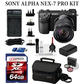 Sony Alpha NEX-7 24.3 MP Compact Interchangeable Lens Camera with Sony E-Mount SEL 1855 18-55mm f/3.5-5.6 Zoom Lens (Black) + Sony Case LSCU20 + 64GB SDXC Class 10 Memory Card + International Travel charger + Card Reader + Giottos Cleaning Kit + Filter Kit