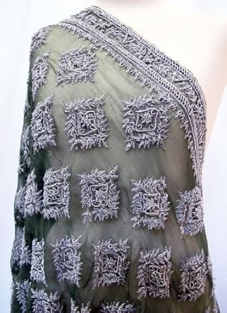 Vintage Hand Embroidered Geometric Sheer Silk Organza Bridal Shawl Scarf Wrap Stole Table Runner Dark Olive Green Silver