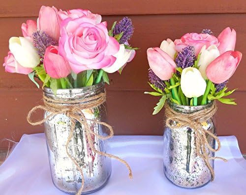 Rustic Floral Mason Jars, Two Mason Jars of Tulips and Roses, Silver Glass Vintage Style Jars, Girl Baby Shower Décor, Mother's Day Gift, Pink Rustic Wedding Décor