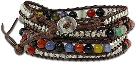 SilberDream leather bracelet brown with colorful pearls and metal balls,women, teens and girls genuine leather LA2918B