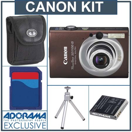 Canon Powershot SD1100 IS Digital Elph Brown Camera kit. with 4GB SD Memory Card, Camera Case, Spare NB-4L Type Lithium-ion Battery, Table Top Tripod