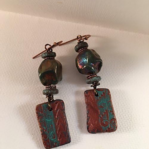 Tribal Rectangle Clay Charms Brown Green Handmade Primitive Rustic Polymer Drops Earrings