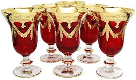 PromasterGifts Versace-inspired 6pc Set of Vintage Italian-made Red Crystal Wine Goblets, 24K Gold-plated HANDMADE