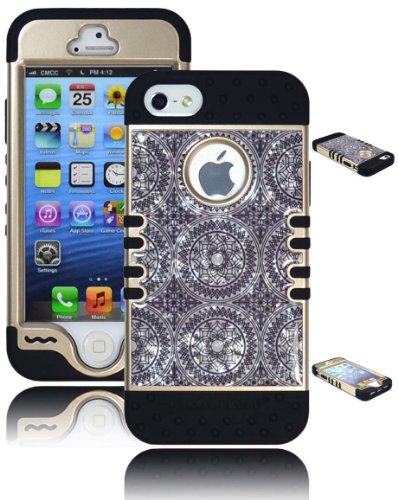 Bastex Heavy Duty Hybrid Case for iPhone 5, 5S - Black Silicone / Antique Gold & Silver Circles Design Hard Cover
