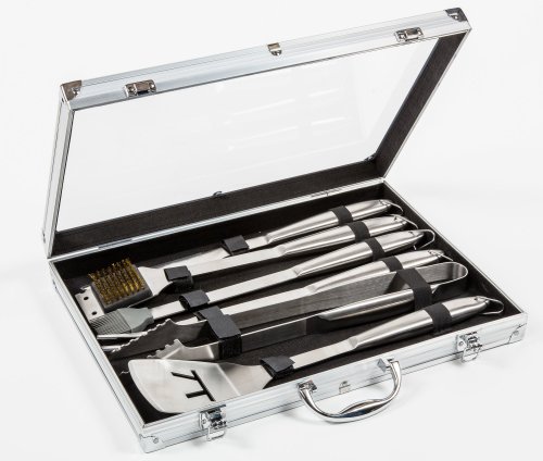 Mallette de 6 ustensiles pour barbecue en Inox et Silicone - Spatule, fourchette, pince, couteau, pinceau et brosse