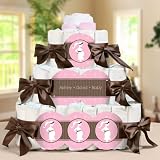 Mommy Silhouette It's A Girl - 3 Tier Personalized Square - Baby Shower Diaper Cake
