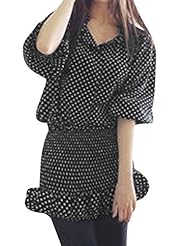 Polyester   Dots Print Puff Sleeves Raglan Sleeves Mini Dress  With a Bow(s) and Ruffles