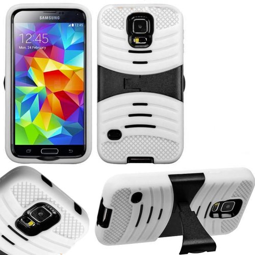 myLife Bright White and Black - Shockproof Survivor Series (Built In Kickstand + Easy Grip Ridges) 2 Piece + 2 Layer Case for NEW Galaxy S5 (5G) Smartphone by Samsung (Internal Flex Silicone Bumper Gel + Internal 2 Piece Rubberized Fitted Armor Protector + Shock Absorbing Material)