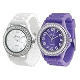 Women's Geneva TWO White and Purple/Lavender Platinum Silicone Rubber Jelly with CZ Crystal Rhinestones Face Bling Bezel