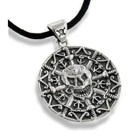 Antiqued Sterling Silver Pirate Skull and Crossbones Sword Insignia Medallion Pendant 24" Necklace