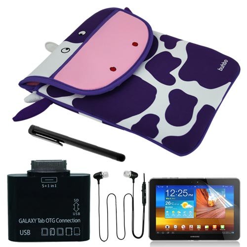 Premium LCD Clear Screen Protector   COCO the Cow Memory Foam Case   Black Earphone Headset With MIC  Black Touch Screen Stylus Pen   5 In 1 Card Reader OTG connection kit For Samsung Galaxy Tab 10.1 P7510 By Buhbo
