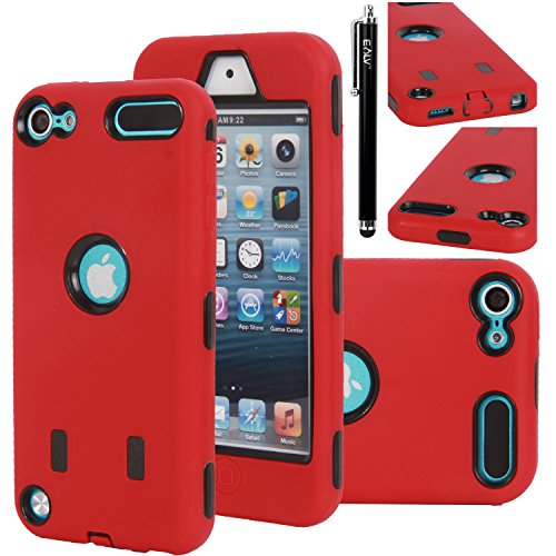 iPod Touch 5 Case, E LV iPod Touch 5 Case - Hard and Soft Hybrid Armor Defender Sports Combo Case for Apple iPod Touch 5 iTouch 5th Generation with 1 Screen Protector, 1 Black Stylus, 1 Water Resistant Bag and 1 E LV Microfiber Digital Cleaner (RED / BLACK)