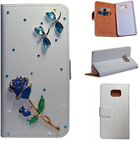 Samsung Galaxy S6 Case, MGIFTSHOP Luxury 3D Bling Diamond Crystal Rhinestone Wallet Leather Purse Flip Card Pouch Stand Cover Case for Samsung Galaxy S6 [Blue Rose]