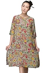 Vintage Floral Print 3/4 Sleeves Round Neck Summer Spandex/Viscose Midi Dress 