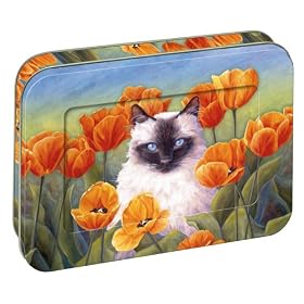 Tree-Free Greetings Cat in Tulips, 12 Count EcoFriendly Note-card Assortment in a Collectible Photo Frame Tin, 5.5 x 7.5 x 0.75 Inches, Shades of White, Green, and Orange (95737)