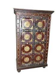 Antique Floral Brass Motif Hand Carved Teak Wood Rustic Patina Indian Furniture