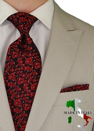 Berioni Hand Made in Italy 100% Woven Silk Mens Neck Tie + Pocket Square Jacquard Woven Tie and Hanky Set Red White R2