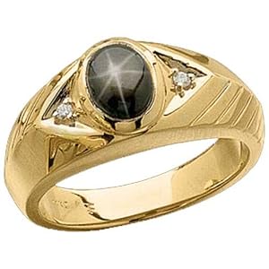 8mm x 6mm Cabochon Black Star Sapphire, Round Brilliant Cut Diamonds, 14Kt. Yellow Gold Ring