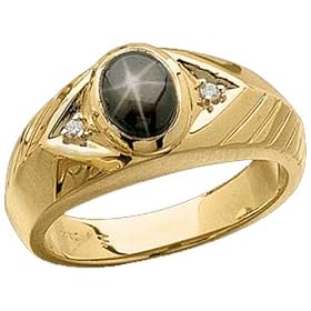 14Kt Yellow Gold Black Star Sapphire and Diamond Mens Ring by Jewelry Days
