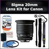 Sigma Super Wide Angle 20mm f/1.8 (D) EX Aspherical DG DF RF Autofocus Lens Kit for Canon EOS Rebel T1i 500D, T2i 550D, T3 1100D, T3i 600D Digital SLR Cameras. Package Includes: Sigma 20mm Lens, UV Filter, Lens Cap Keeper, Lens Cleaning Pen, Monopod, LCD Screen Protectors, and Cleaning Kit with SSE Microfiber Cleaning Cloth