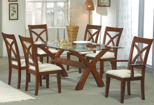 Kitchen: 7pc Lakeside Cross Design Cherry Wood Finish Dining Room Table & Chairs Set