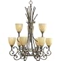Progress Lighting P4429-127 Nine-Light Two-Tier Chandelier with Antique Mist Glass and An Etched Bamboo Pattern, Burnished Ebony