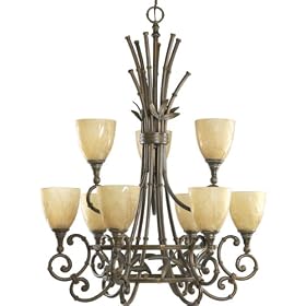 Progress Lighting P4429-127 Nine-Light Two-Tier Chandelier with Antique Mist Glass and An Etched Bamboo Pattern, Burnished Ebony
