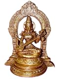 Indian Sclupture Hindu Goddess Saraswati Playing Veena in Temple Brass Statue 10 Inch