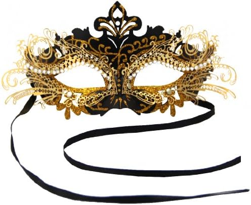 ECOSCO Venetian Gold Metal Laser-cut Halloween Xmas Party Masquerade Mask (Black mask+Gold Metal eye)