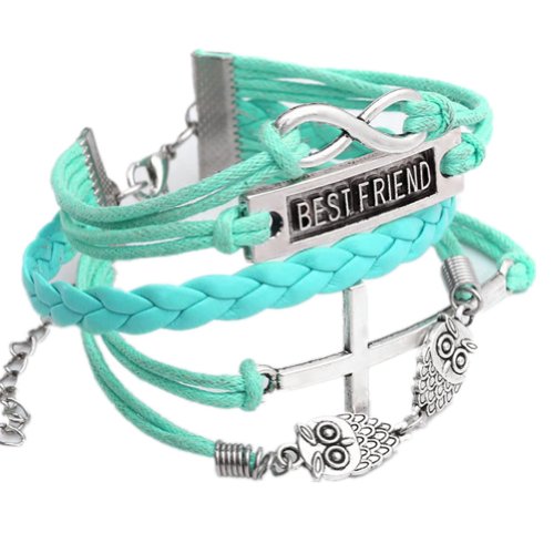 JOVIVI® Charm Owl Cross Best Friend Infinity Leather Multilayer Bracelet-- Light Blue