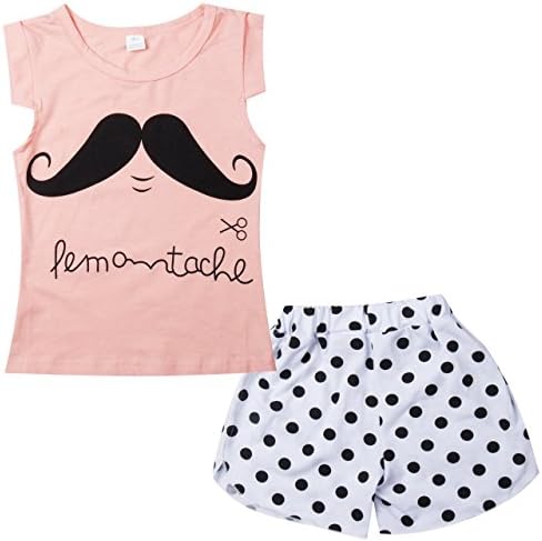 2pcs Summer Baby Girl Short Clothes Set:Mustache Shirt+ Dot Pants (110(3-4Y), Light Pink)