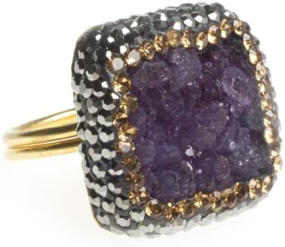 24K Yellow Gold Plated Square Shape Drusy Quartz Natural Stone Black Diamond Accent Purple Amathyst Adjustable Ring
