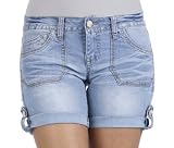 Wallflower Mid Thigh Denim Short with Pork Chop Pocket and Rolled Tab Cuff