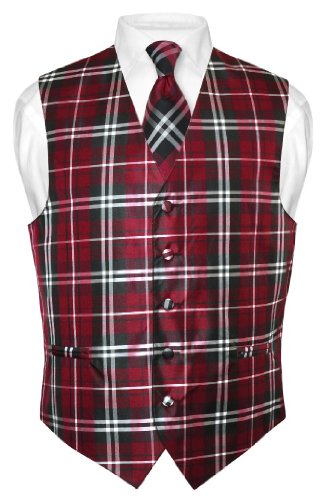 Men's Plaid Design Dress Vest & NeckTie Black Burgundy White Neck Tie Set