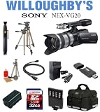 Sony NEX-VG20 Interchangeable Lens HD Handycam Camcorder (Black) + Sony E-Mount 18-200mm f/3.5-6.3 Zoom Lens + Extra Spare Battery + LEXSpeed 32GB SDHC Memory Card + Sunpak VL-LED-12 Compact Video Light + Sunpak Heavy Duty Mon-Tripod + 3pc Multi-Coated Filter Kit +Deluxe Camera Bag Plus Bonus Sunpak Solar Flashlight & Charger & Much More! Willoughby's Est. 1898 Bundle