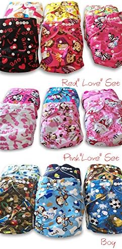 Cute Baby 6 Pack Cloth Diapers with 12 Cloth Diaper Liners,( Fits 6-28 LBS) Boy &amp; Girl, Highest Quality, Excellent Absorbency and Comfort, Fully Washable, Delightful Character Print, (Pink'Love"Set)