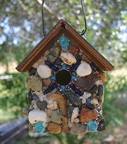 Natural River Stone BIrdhouse with Rhinestone Butterflies &amp; Blue Glass A Funtional Hanging Birdhouse