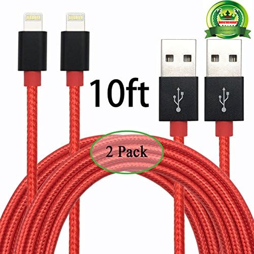Abloom Nylon Lightning Charging Cable - 10 Feet - Red - 2 Piece