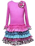 Rare Editions GIRLS 2T-6X FUCHSIA-PINK LONG SLEEVE MULTI MIX PRINT RUFFLE SKIRT Special Occasion Wedding Flower Girl Party Dress