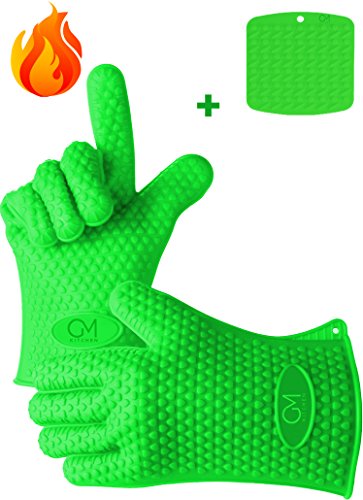 Cheap GM Kitchen, Silicone Oven Gloves, Heat Resistant + Pot Holder Mat For Grilling/ Baking/ Cookin...