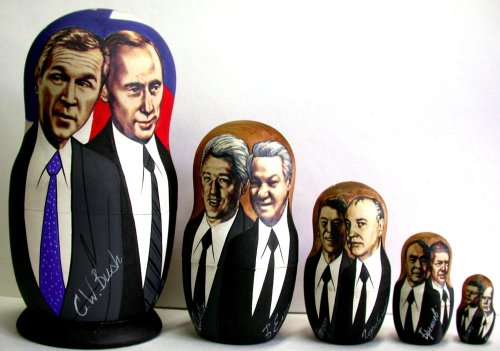 Childrens Toyshop  Toys : Russian Nesting Doll American USA Soviet USSR Presidents Bush - Putin, Clinton-Yeltsin, Regan - Gorbachev, Carter - Brezhnev, Kennedy - Khrushchev 5 Pcs / 7in set #DSCN2174