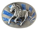 Pewter Belt Buckle - Running Horse with Sun - Pewter Belt Buckle