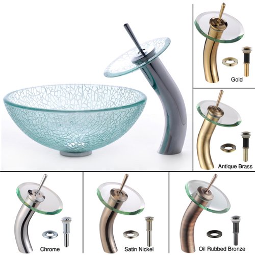 Kraus C-GV-500-14-12mm-10SN Broken 14-Inch Glass Vessel Sink and Waterfall Faucet, Satin Nickel