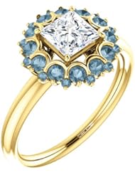 18K Yellow Gold Princess Cut White and Blue Diamond Flower Inspired Ring -- LIFETIME WARRANTY