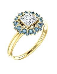 10K Yellow Gold Princess Cut White and Blue Diamond Flower Inspired Ring -- LIFETIME WARRANTY