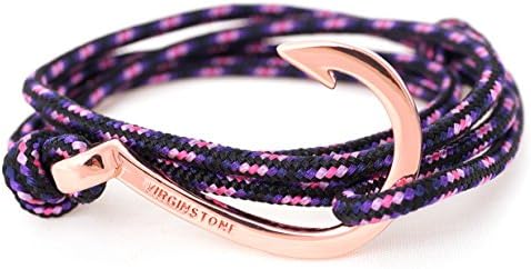 VIRGINSTONE Silver Gold Anchor Hook on Black Red Nylon Core Ropes Bracelets (Rose Gold Round Hook)