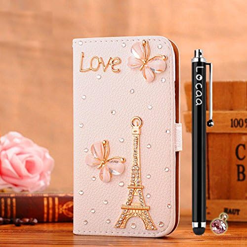 Locaa(TM) Moto G2 5-inch (Not MotoG) New MotoG2 2014 Motorola G2 3D Bling Case + Phone stylus + Anti-dust ear plug Deluxe Luxury Crystal Pearl Diamond Rhinestone eye-catching Beautiful Leather Retro Support bumper Cover Card Holder Wallet Cases - [General series] Eiffel Tower butterfly